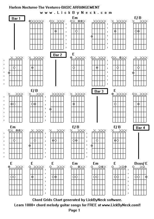 Chord Grids Chart of chord melody fingerstyle guitar song-Harlem Nocturne-The Ventures-BASIC ARRANGEMENT,generated by LickByNeck software.